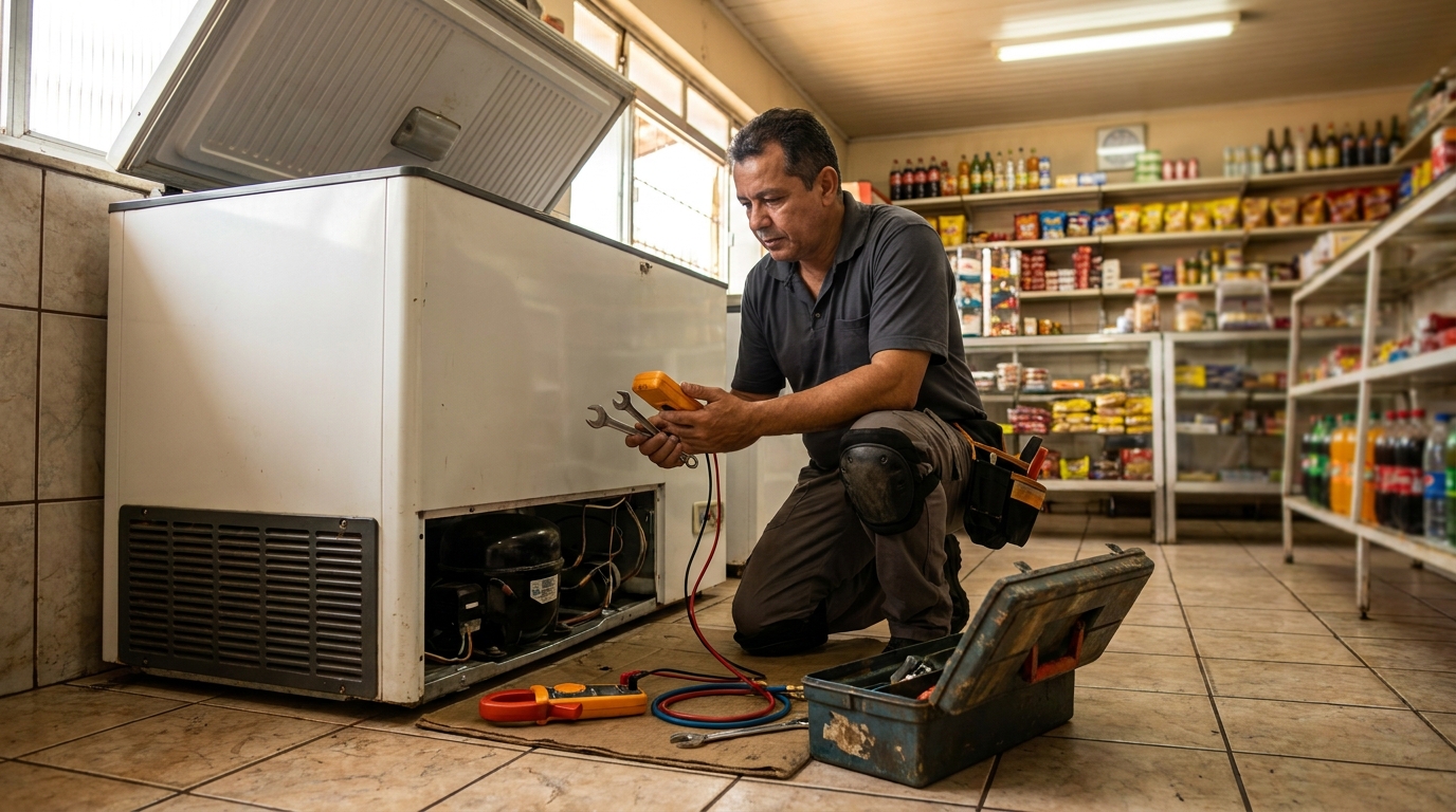 Técnico realizando manutenção de motor de freezer no Sapopemba, Zona Leste‑SP