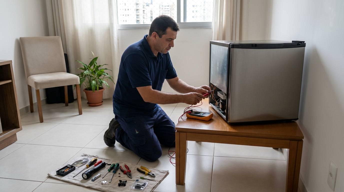 Técnico realizando manutenção de motor de frigobar na Vila Matilde, Zona Leste‑SP