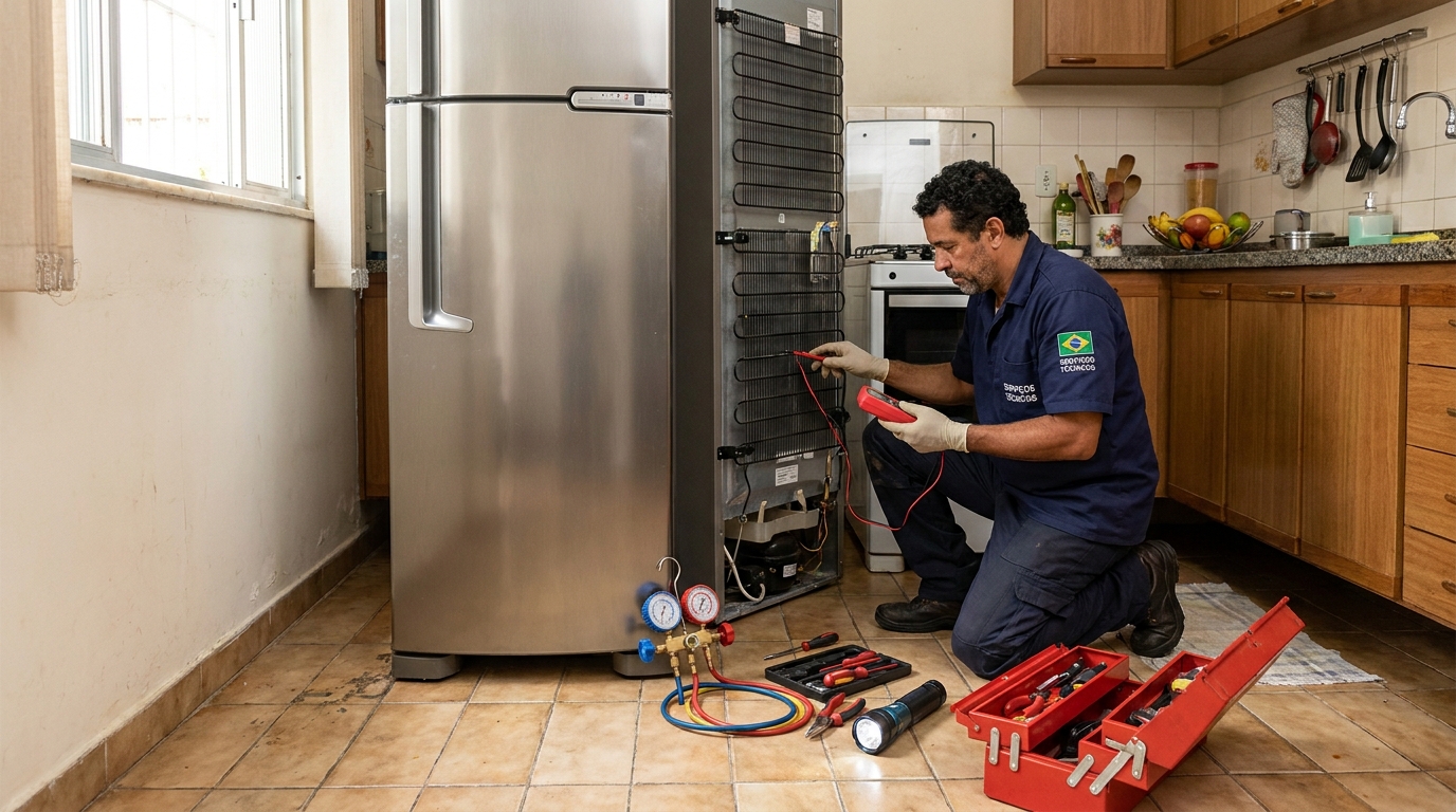 Técnico realizando manutenção de motor de geladeira na Penha, Zona Leste‑SP
