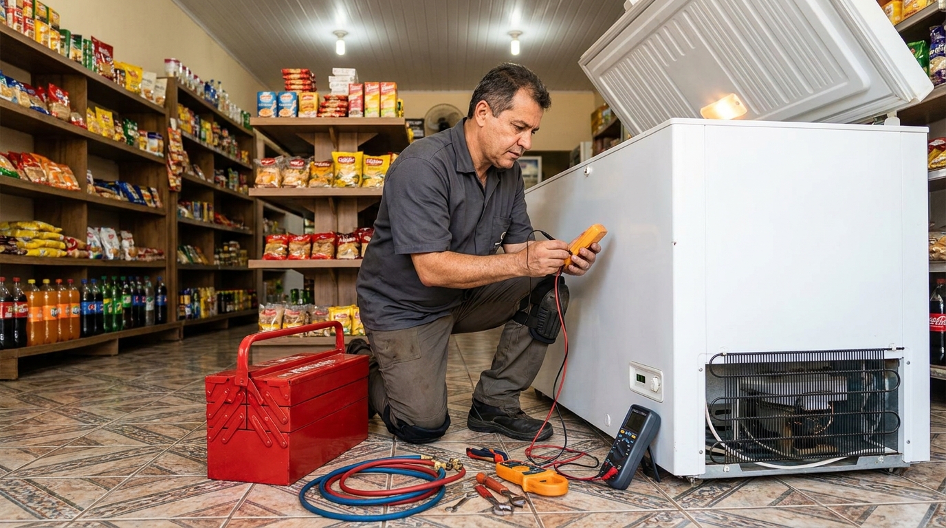 Recarga de gás refrigerante em freezer em atendimento no Sapopemba, Zona Leste‑SP