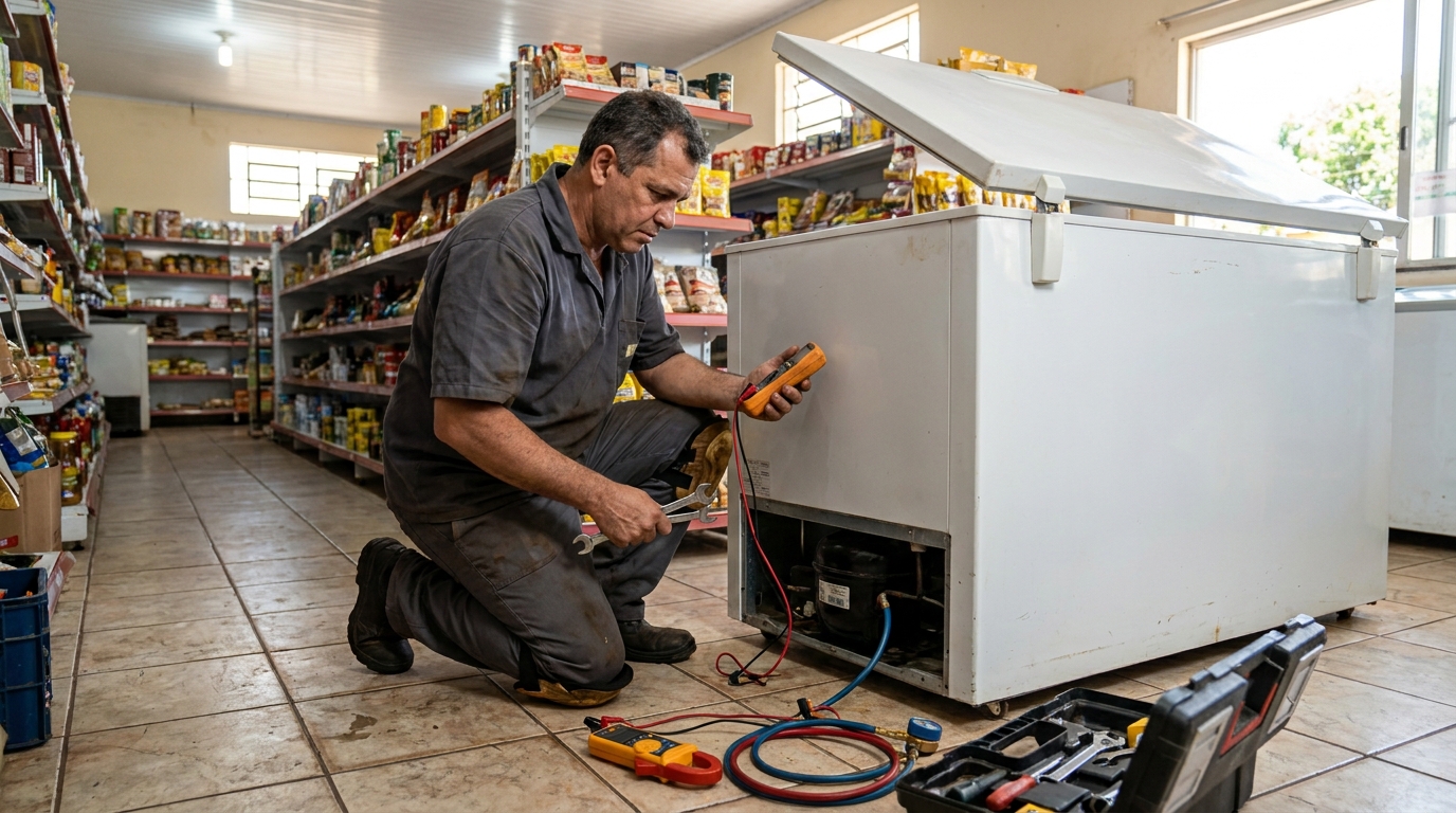 Troca de termostato de freezer em atendimento técnico no Sapopemba, Zona Leste‑SP